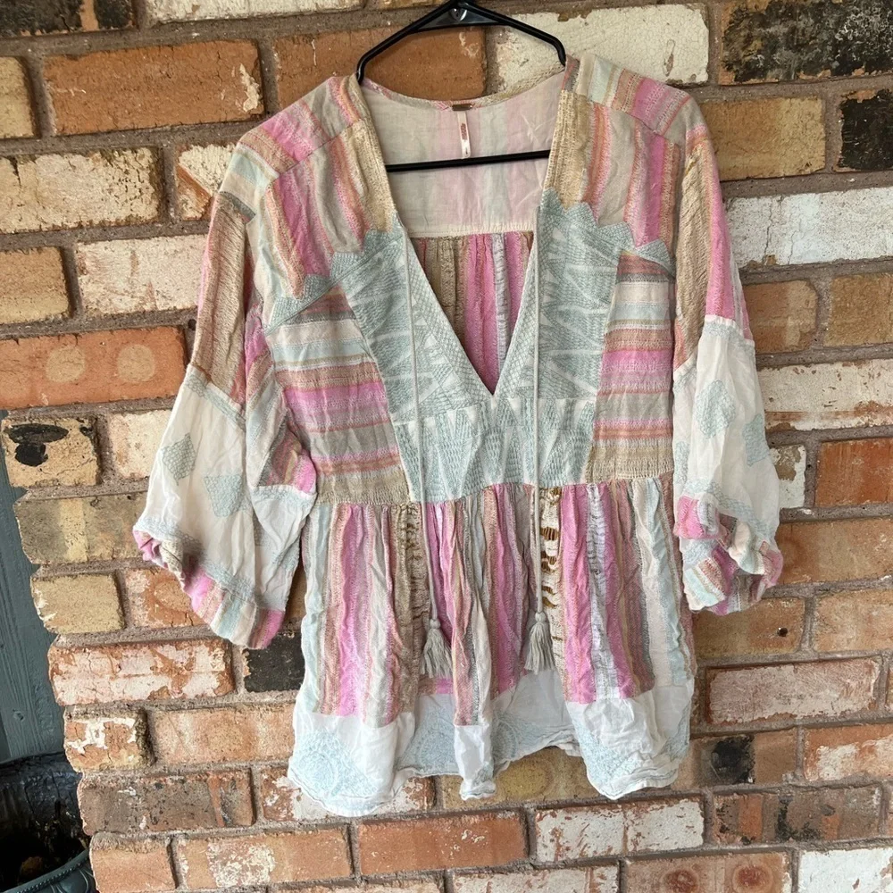 Free People  boho Spring  Embroidered colorful Fun striped Tunic Top RARE!